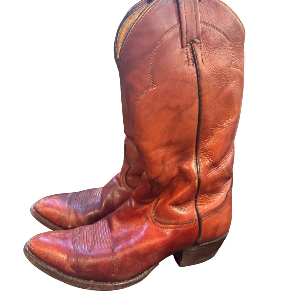 Tony Lama Leather Western Cowboy Boots Mens Brown Pull On 8.5 F USA 90s VTG - Picture 2 of 10